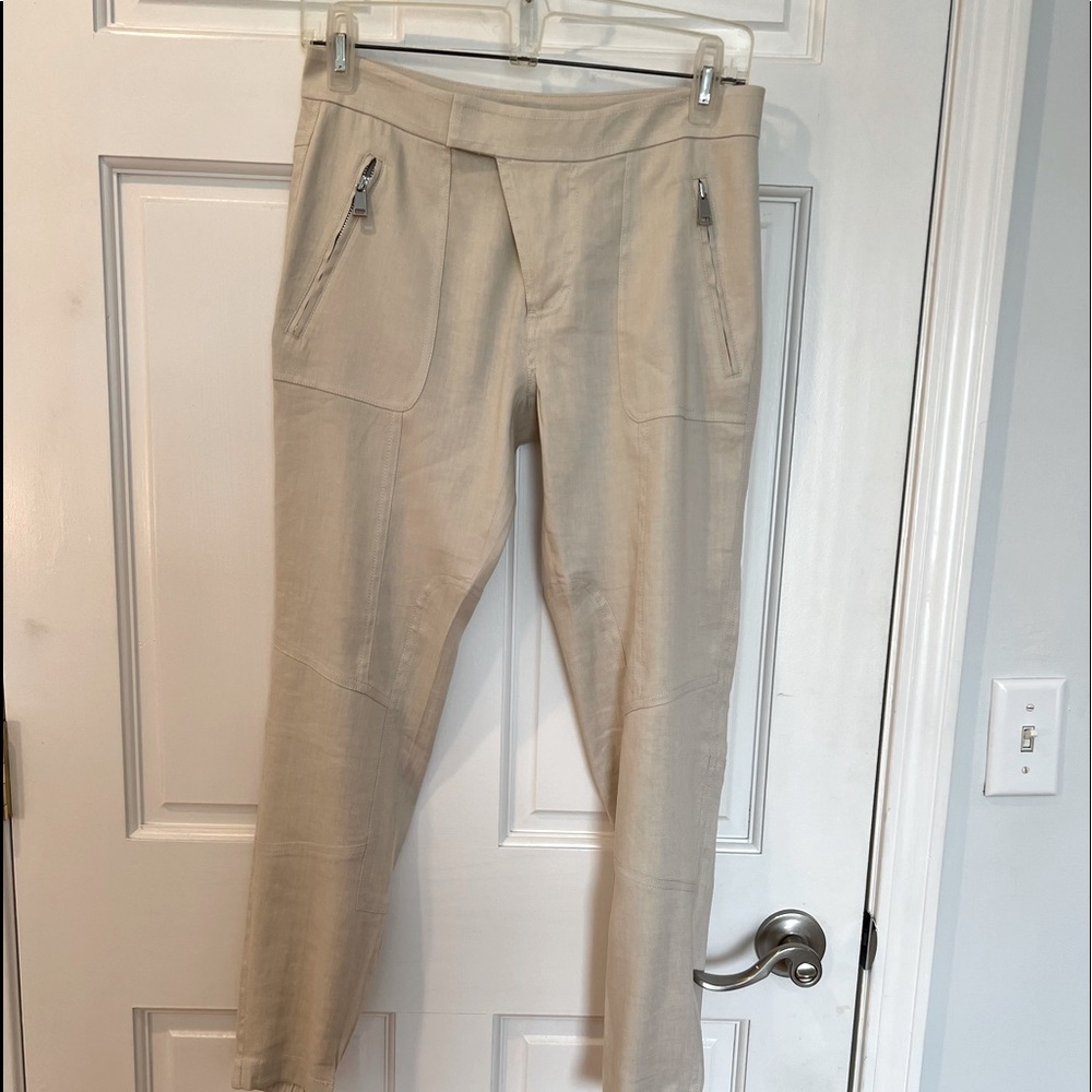 VINCE NWT LINEN BLEND FRONT ZIP, CARGO JOGGER PANTS WITH ZIPPER DETAIL.